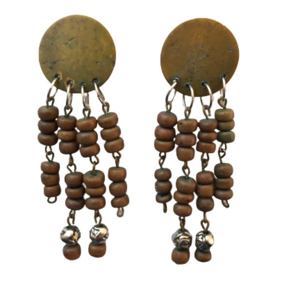 Vintage Brown Silver Wood Stud Dangle Earring - Picture 3 of 7